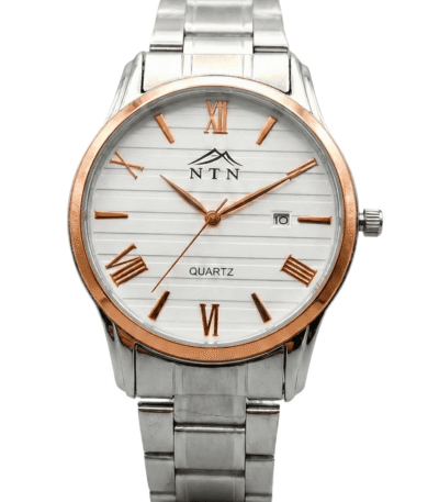 Stylish men's wristwatch featuring a silver strap, rose gold rim, and white dial with Roman numerals.