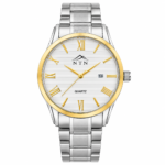 Elegant women's quartz watch with white dial, gold accents, and steel strap.