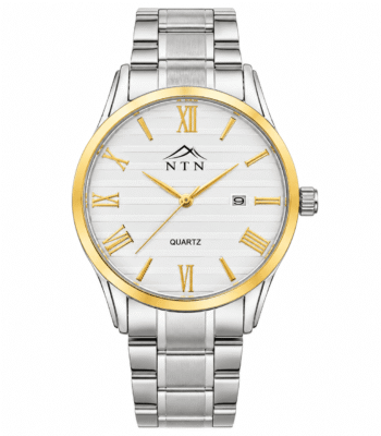 Elegant women's quartz watch with white dial, gold accents, and steel strap.
