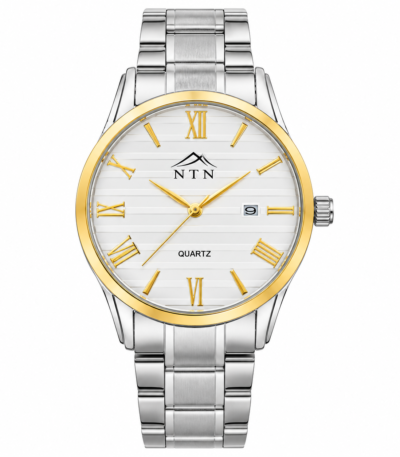 Elegant women's quartz watch with white dial, gold accents, and steel strap.