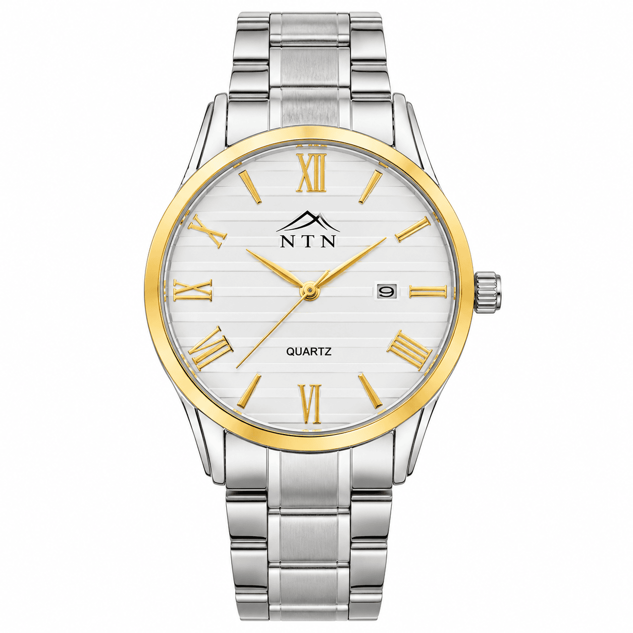 NTN Quartz White Dial Watch for Women Elegant women's quartz watch with white dial, gold accents, and steel strap.