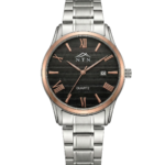 Fashionable quartz wristwatch with black face, rose gold accents, and stainless steel band.
