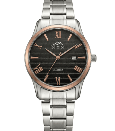 Fashionable quartz wristwatch with black face, rose gold accents, and stainless steel band.