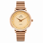 Elegant NTN quartz watch with golden dial and steel strap for women.