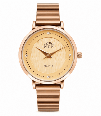 Elegant NTN quartz watch with golden dial and steel strap for women.