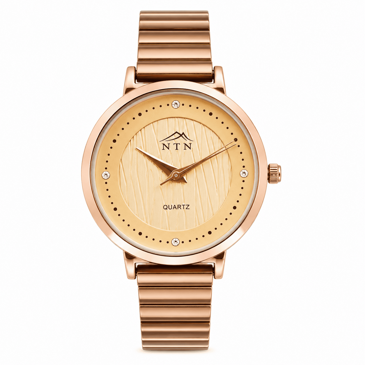 NTN Quartz Golden Dial Watch for Women Elegant NTN quartz watch with golden dial and steel strap for women.
