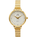 Luxury gold wristwatch with white face, crystal markers, and a sleek metal band.