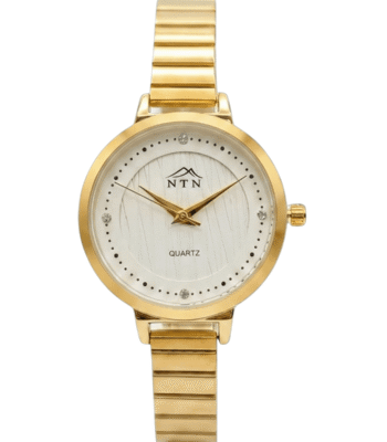 Luxury gold wristwatch with white face, crystal markers, and a sleek metal band.