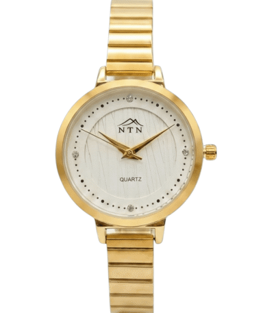 Luxury gold wristwatch with white face, crystal markers, and a sleek metal band.