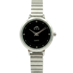 Stainless steel watch featuring a black face, silver hands, and diamond-like hour markers.