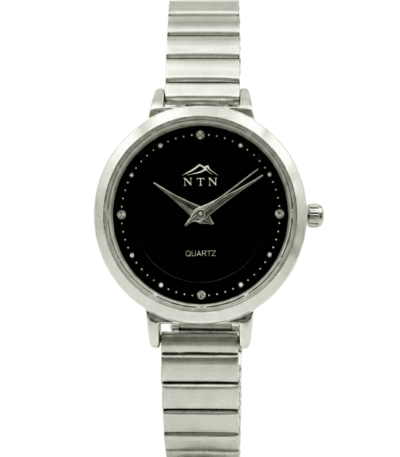 Stainless steel watch featuring a black face, silver hands, and diamond-like hour markers.