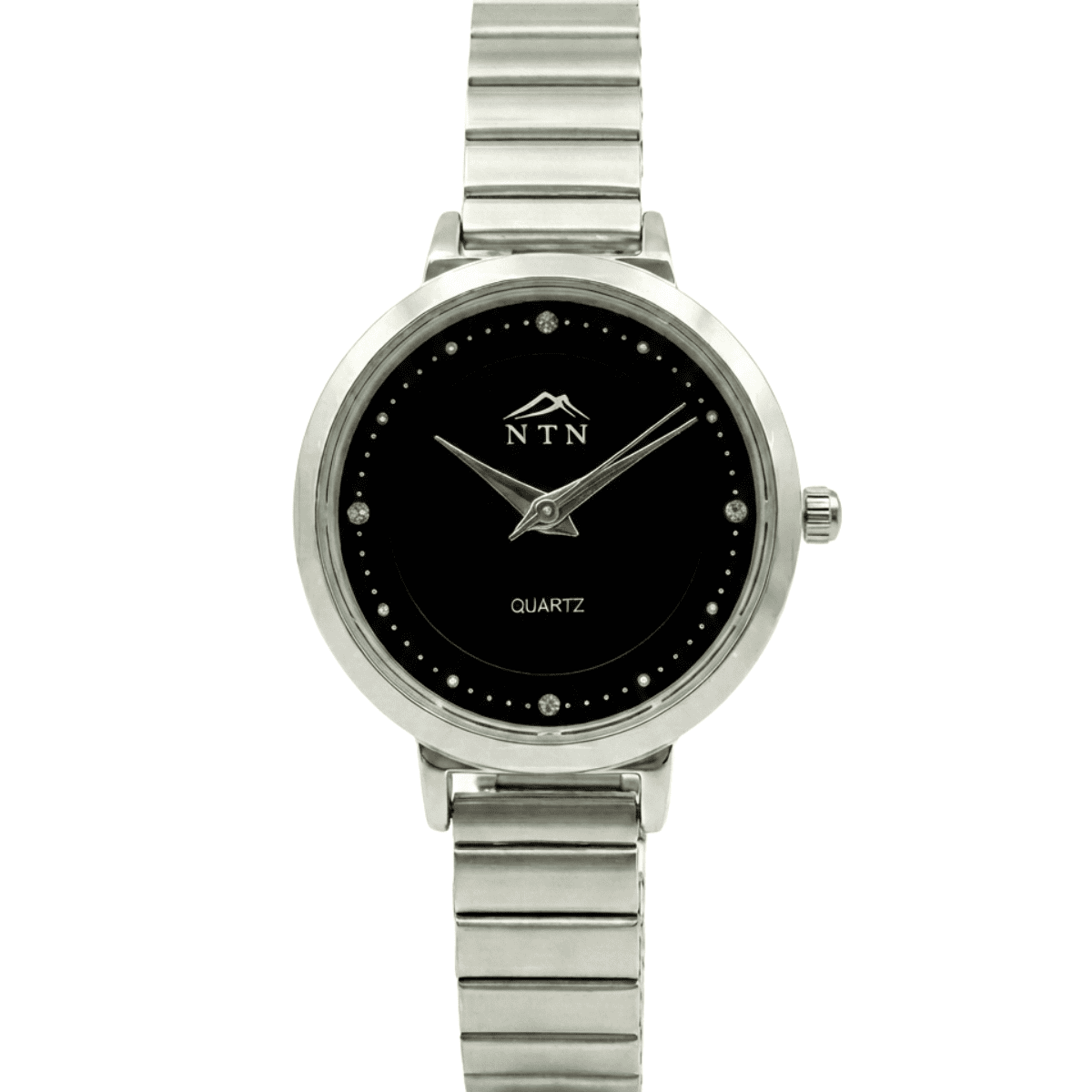 Elegant Silver Watch with Black Dial. Stainless steel watch featuring a black face, silver hands, and diamond-like hour markers.