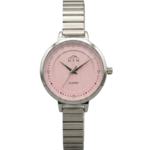 Elegant pink dial quartz watch with crystal accents.