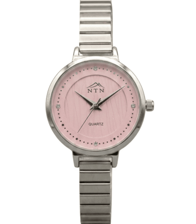 Elegant pink dial quartz watch with crystal accents.