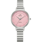 Stylish women's wristwatch featuring a pink face, silver band, and quartz movement.