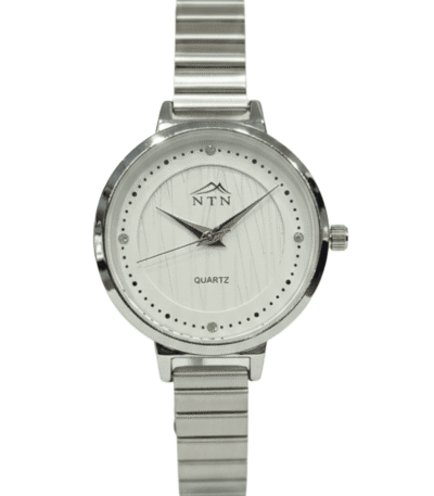 Stylish silver wristwatch with NTN branding, quartz movement, and a metallic strap for everyday wear.
