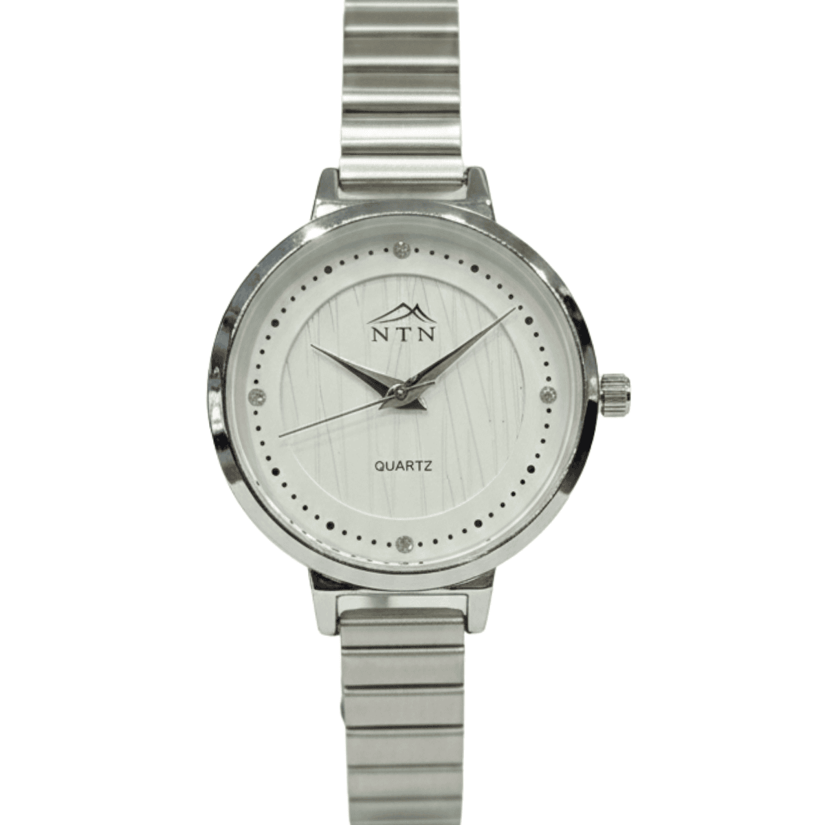 Elegant silver wristwatch with NTN logo and quartz movement for stylish timekeeping. Stylish silver wristwatch with NTN branding, quartz movement, and a metallic strap for everyday wear.