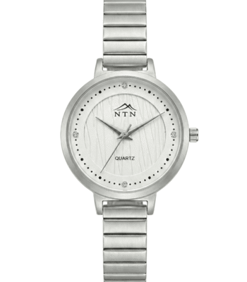 Luxury watch featuring a silver-tone dial with crystal accents and quartz movement.