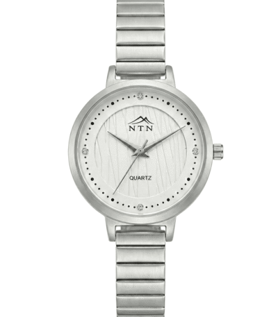 Luxury watch featuring a silver-tone dial with crystal accents and quartz movement.