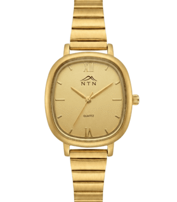 Gold wristwatch featuring NTN branding, quartz mechanism, and a sleek, classic design.
