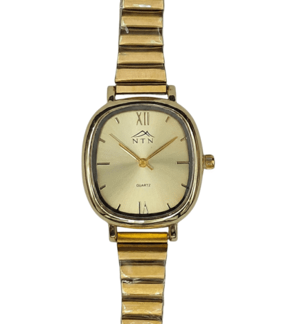 Elegant gold-tone wristwatch with a classic rectangular face and Roman numeral markers.