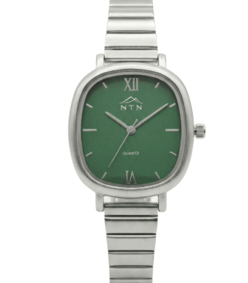 Silver wristwatch featuring a green face, Roman numerals, and a stainless steel band.