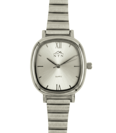 Stylish silver wristwatch with quartz movement and a sleek metal band, perfect for everyday wear.