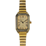 Gold-tone rectangular wristwatch with Roman numerals and a metallic bracelet.