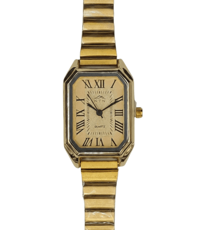 Gold-tone rectangular wristwatch with Roman numerals and a metallic bracelet.