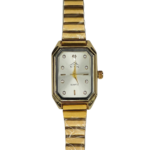 Stylish gold-tone watch with crystal accents, rectangular face, and quartz movement.