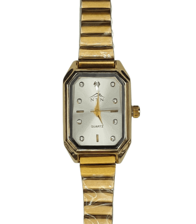 Stylish gold-tone watch with crystal accents, rectangular face, and quartz movement.