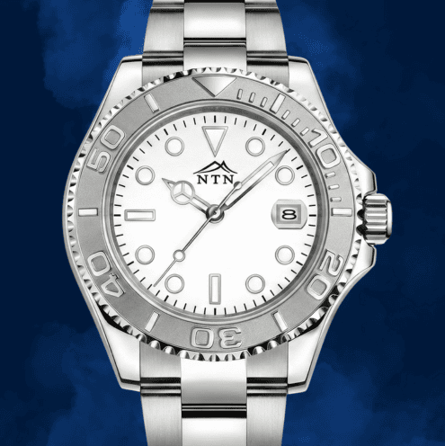 Luxury stainless steel wristwatch with NTN branding, date window, and sporty yet sophisticated design.