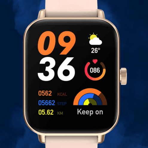 Smart watch displaying time, weather, and fitness stats.