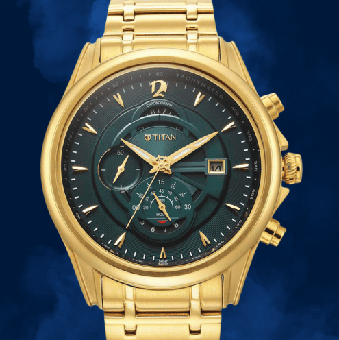Luxury gold wristwatch with chronograph features.