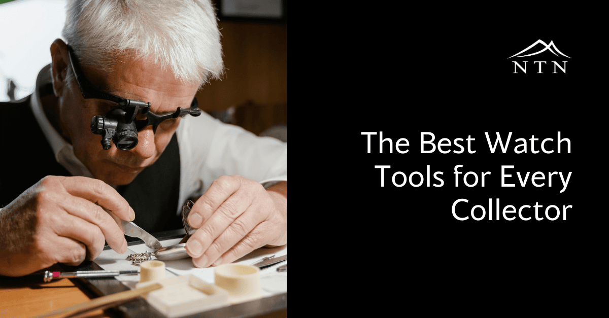 Detailed image of a craftsmen repairing a watch with precision tools.