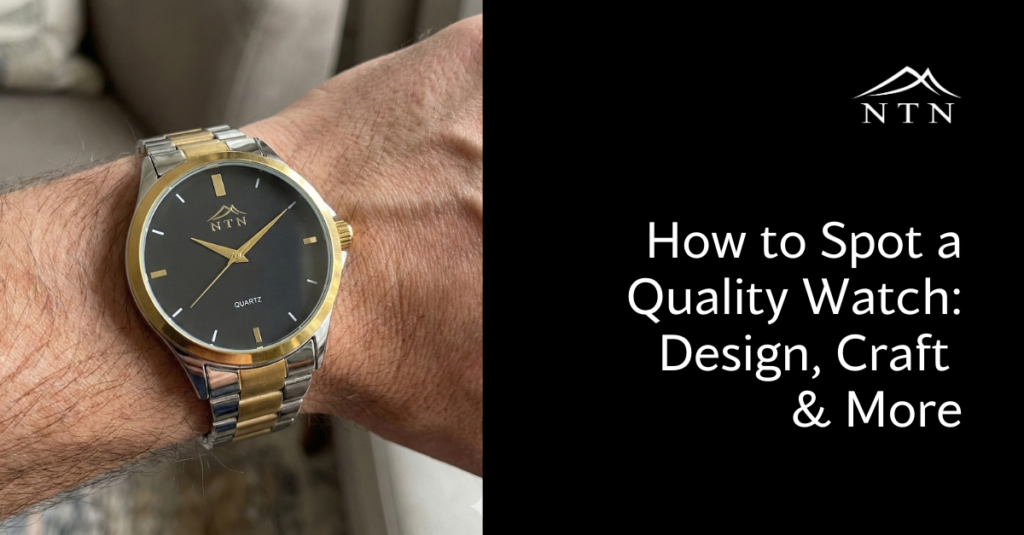 A close-up of a stylish wristwatch on a man's wrist, showcasing the design, craftsmanship, and details to identify quality.