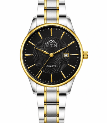 Elegant men's watch with black dial and two-tone steel strap.