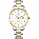 Elegant men's watch with white dial, gold accents, and two-tone steel strap.