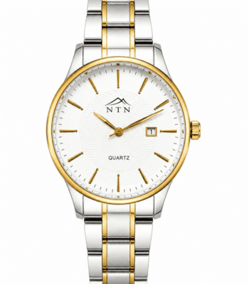Elegant men's watch with white dial, gold accents, and two-tone steel strap.