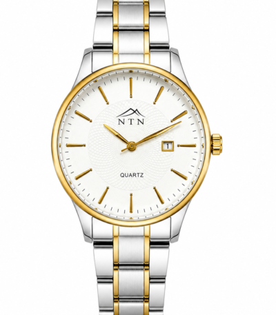 Elegant men's watch with white dial, gold accents, and two-tone steel strap.