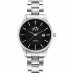 NTN men's quartz watch with black dial and steel strap.