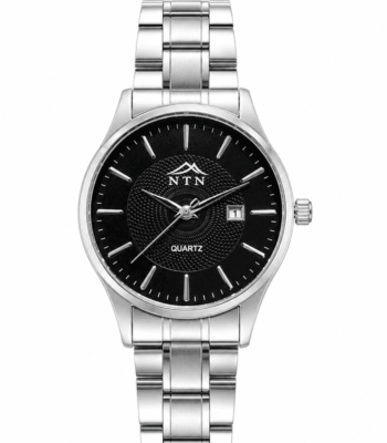 NTN men's quartz watch with black dial and steel strap.