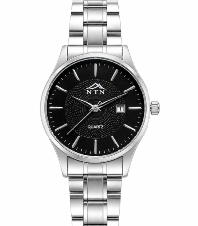 NTN men's quartz watch with black dial and steel strap.