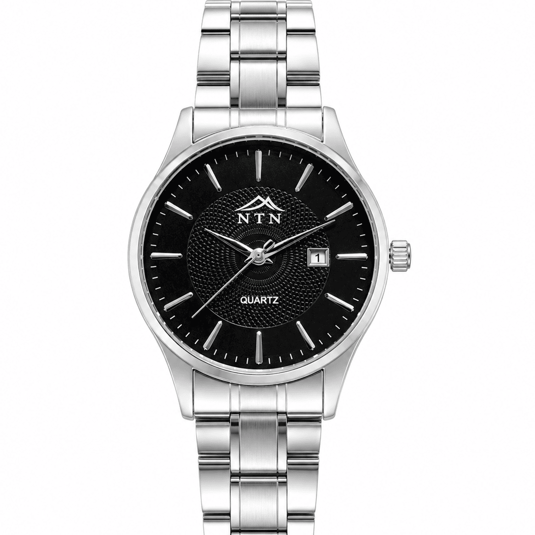 NTN Quartz Black Dial Steel Watch NTN men's quartz watch with black dial and steel strap.