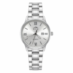 Men's silver dial quartz watch with steel strap and date display.