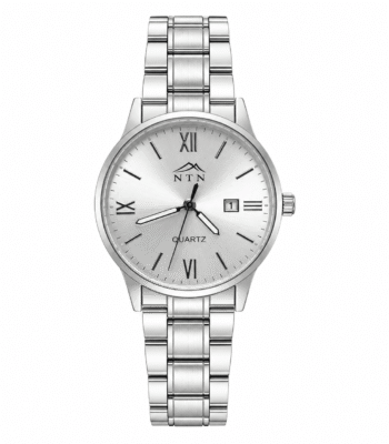 Men's silver dial quartz watch with steel strap and date display.