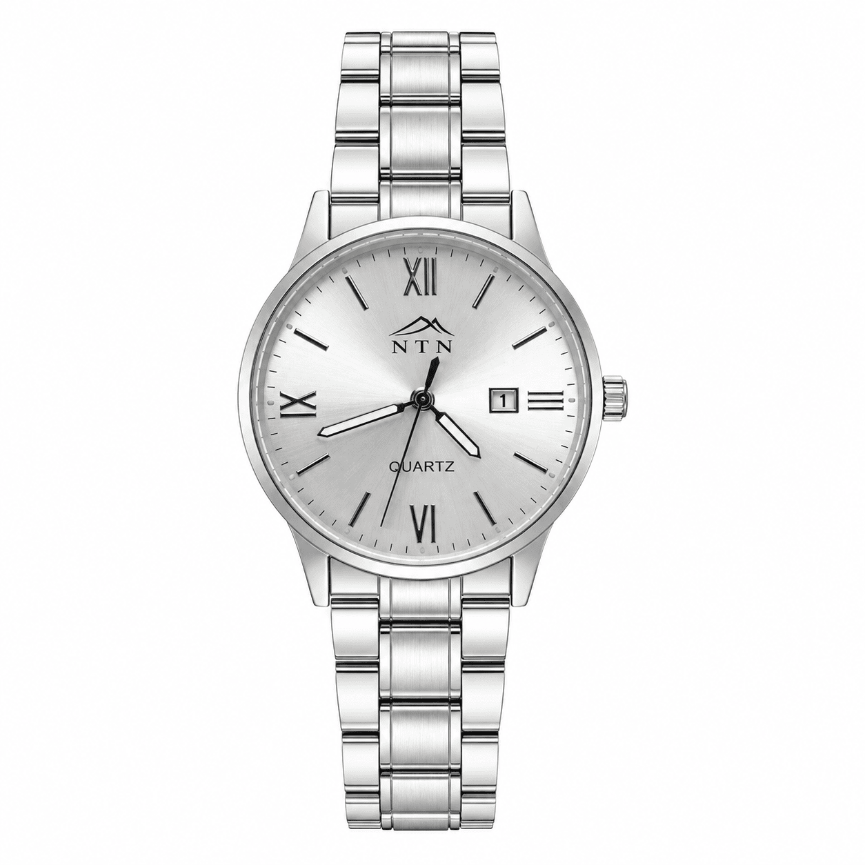 NTN Quartz Silver Dial Watch for Men Men's silver dial quartz watch with steel strap and date display.