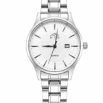 Elegant men's steel strap watch with white dial and date display.