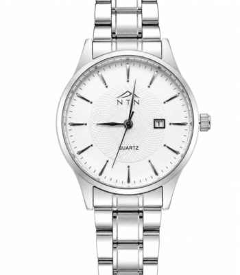 Elegant men's steel strap watch with white dial and date display.
