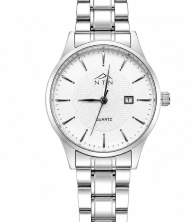 Elegant men's steel strap watch with white dial and date display.